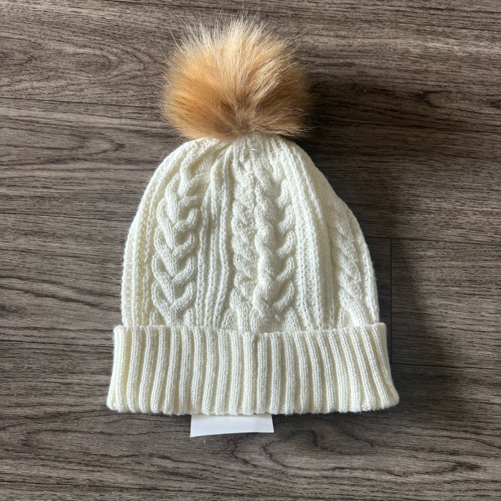NWT J.Crew Cable Knit White and Brown Pom Pom Hat
